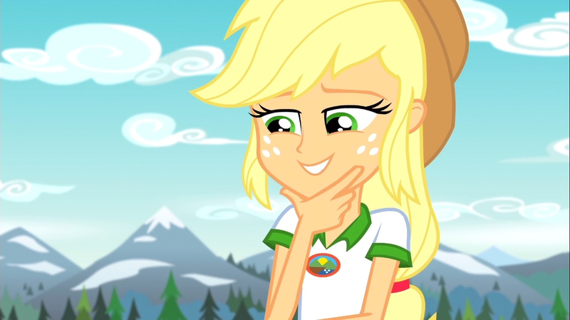 Size: 1100x618 | Tagged: safe, derpibooru import, screencap, applejack, equestria girls, legend of everfree, camp everfree outfits, clothes, cowboy hat, female, freckles, hat, mountain, scenery, solo, stetson, tree