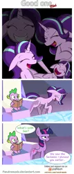 Size: 1800x4200 | Tagged: safe, artist:pandramodo, derpibooru import, spike, starlight glimmer, twilight sparkle, twilight sparkle (alicorn), alicorn, dragon, pony, celestial advice, absurd resolution, book, comic, cutie map, friendship throne, laughing, laughing tom cruise, patreon, patreon logo, twilight's castle