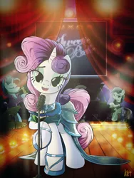 Size: 1500x2000 | Tagged: safe, alternate version, artist:ruhisu, derpibooru import, blue note, coloratura, sweetie belle, earth pony, pony, unicorn, beautiful, clothes, dress, ear piercing, earring, female, gown, jewelry, looking at you, lovely, luxor hotel & casino, male, mare, microphone, musical instrument, older, piano, piercing, saxophone, singing, stallion