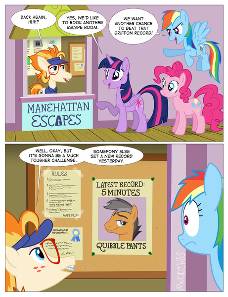 Size: 984x1280 | Tagged: safe, artist:kturtle, derpibooru import, dave the intern, pinkie pie, quibble pants, rainbow dash, twilight sparkle, twilight sparkle (alicorn), alicorn, pony, all bottled up, comic, dialogue, escape room, ginger locks, manehattan escapes