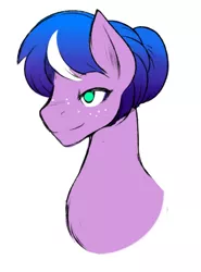 Size: 378x510 | Tagged: safe, artist:marik azemus34, derpibooru import, oc, oc:crescent petals, unofficial characters only, earth pony, pony, bust, colored, freckles, hair bun, portrait, simple background, sketch, solo, white background