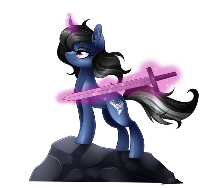 Size: 2369x2155 | Tagged: safe, artist:scarlet-spectrum, derpibooru import, oc, oc:procelle, unofficial characters only, pony, unicorn, commission, female, levitation, magic, mare, rock, simple background, solo, sword, telekinesis, transparent background, weapon