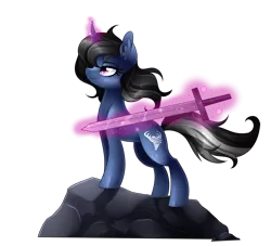 Size: 2369x2155 | Tagged: safe, artist:scarlet-spectrum, derpibooru import, oc, oc:procelle, unofficial characters only, pony, unicorn, commission, female, levitation, magic, mare, rock, simple background, solo, sword, telekinesis, transparent background, weapon