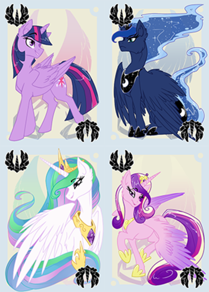 Size: 850x1186 | Tagged: safe, artist:bluekite-falls, artist:sky-railroad, derpibooru import, princess cadance, princess celestia, princess luna, twilight sparkle, twilight sparkle (alicorn), alicorn, pony, game, prance card game