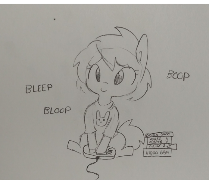 Size: 1280x1106 | Tagged: safe, artist:tjpones, derpibooru import, oc, unofficial characters only, earth pony, pony, bleep, bloop, boop, clothes, controller, grayscale, horse game, lineart, monochrome, shirt, sitting, solo, traditional art, video game