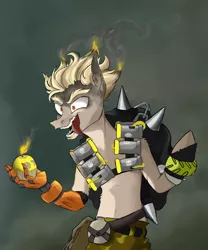 Size: 1500x1800 | Tagged: safe, artist:tabu-rat, derpibooru import, ponified, pony, amputee, bipedal, bomb, crazy face, crossover, faic, fire, insanity, junkrat, male, on fire, overwatch, prosthetic limb, prosthetics, shoulder fluff, shrunken pupils, solo, stallion, tongue out, weapon