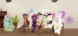 Size: 4043x1883 | Tagged: safe, artist:appleychu, derpibooru import, capper dapperpaws, captain celaeno, princess skystar, queen novo, songbird serenade, tempest shadow, oc, oc:harmony star, ponified, alicorn, anthro, pegasus, plantigrade anthro, pony, seapony (g4), unicorn, my little pony: the movie, absurd resolution, alicorn oc, anthro with ponies, bookshelf, broken horn, chair, commission, female, hoof shoes, interview, male, mare, microphone, sitting, stallion