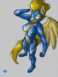 Size: 960x1280 | Tagged: suggestive, artist:taharon, derpibooru import, spitfire, anthro, pegasus, plantigrade anthro, breasts, busty spitfire, clothes, erect nipples, female, image, jpeg, latex, latex suit, looking at you, nipple outline, nipples, nudity, salute, skintight clothes, solo, solo female, uniform, wings, wonderbolts uniform