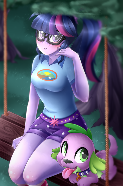 Size: 2786x4200 | Tagged: safe, artist:scarlet-spectrum, derpibooru import, sci-twi, spike, spike the regular dog, twilight sparkle, dog, equestria girls, legend of everfree, absurd resolution, blushing, camp everfree outfits, clothes, cute, duo, glasses, high res, scenery, shorts, sitting, swing, thunder thighs, tongue out, tree, twiabetes, wide hips