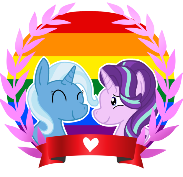 Size: 1024x991 | Tagged: safe, artist:scarleos, derpibooru import, starlight glimmer, trixie, pony, unicorn, female, gay pride, gay pride flag, headcanon, lesbian, mare, pride, shipping, startrix