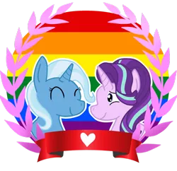 Size: 1024x991 | Tagged: safe, artist:scarleos, derpibooru import, starlight glimmer, trixie, pony, unicorn, female, gay pride, gay pride flag, headcanon, lesbian, mare, pride, shipping, startrix