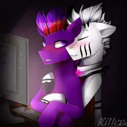 Size: 1080x1080 | Tagged: safe, artist:ritter, derpibooru import, oc, oc:purple force, oc:zerus, unofficial characters only, pegasus, pony, zebra, bandana, blushing, collar, computer, cute, eyes closed, gay, hug, male, oc x oc, shipping, smiling, stallion, stripes