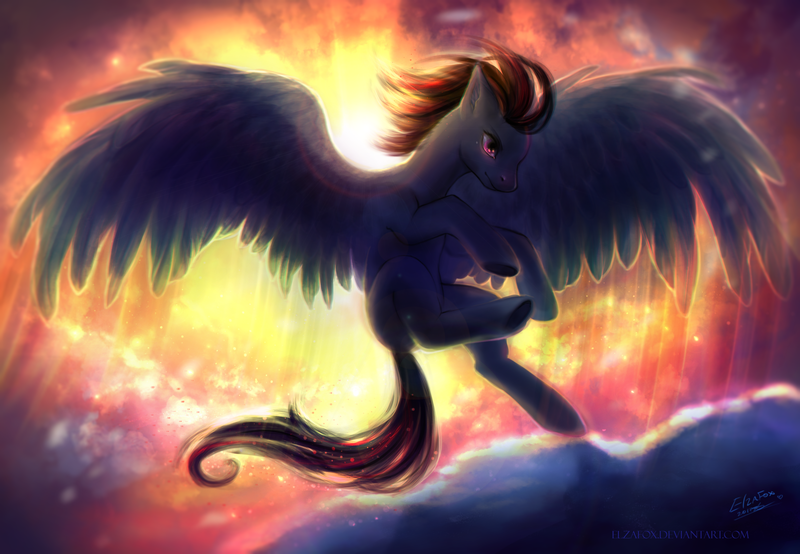 Size: 2345x1624 | Tagged: safe, artist:elzafox, derpibooru import, oc, unofficial characters only, pegasus, pony, solo, spread wings, sunrise, wings