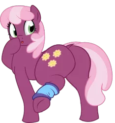 Size: 896x959 | Tagged: suggestive, artist:brianblackberry, derpibooru import, edit, edited edit, cheerilee, earth pony, pony, :o, clothes, dock, edit of an edit of an edit, female, flowerbutt, large butt, leg warmers, looking back, mare, open mouth, raised hoof, raised leg, simple background, sock, solo, solo female, the ass was fat, transparent background, underhoof