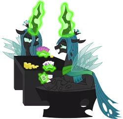 Size: 3158x3071 | Tagged: safe, artist:audiobeatzz, derpibooru import, queen chrysalis, oc, oc:prince necromorph, changeling, card, coin, high res, magic, male, playing card, prone, siblings, simple background, transparent background, vector
