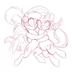 Size: 1024x1024 | Tagged: safe, artist:kellythedrawinguni, derpibooru import, oc, oc:feather flame, oc:kelly, unofficial characters only, pegasus, pony, unicorn, female, hug, mare, monochrome, sketch