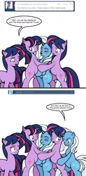 Size: 591x1205 | Tagged: suggestive, artist:dekomaru, derpibooru import, trixie, twilight sparkle, pony, tumblr:ask twixie, ask, bipedal, blushing, female, imminent orgy, imminent sex, lesbian, multeity, self ponidox, shipping, sparkle sparkle sparkle, tumblr, twixie