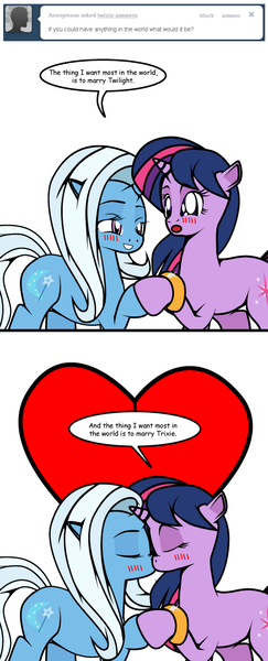 Size: 488x1205 | Tagged: safe, artist:dekomaru, derpibooru import, trixie, twilight sparkle, pony, unicorn, tumblr:ask twixie, ask, blushing, eyes closed, female, heart, kissing, lesbian, mare, ring, shipping, simple background, tumblr, twixie, wedding ring, white background