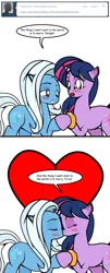 Size: 488x1205 | Tagged: safe, artist:dekomaru, derpibooru import, trixie, twilight sparkle, pony, unicorn, tumblr:ask twixie, ask, blushing, eyes closed, female, heart, kissing, lesbian, mare, ring, shipping, simple background, tumblr, twixie, wedding ring, white background