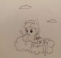 Size: 1280x1219 | Tagged: safe, artist:tjpones, derpibooru import, rainbow dash, pegasus, pony, black and white, cloud, eating, grayscale, lineart, monochrome, nom, sitting on cloud, sketch, solo, traditional art