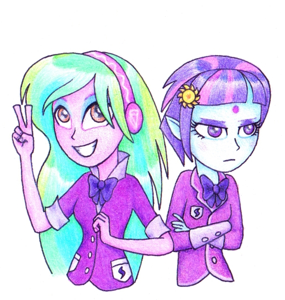 Size: 1031x1085 | Tagged: safe, artist:maran-zelde, derpibooru import, lemon zest, sunny flare, fanfic, equestria girls, alternate universe, duo, fanfic art, peace sign, traditional art