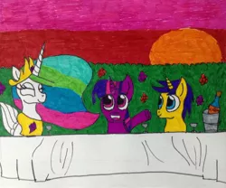 Size: 1876x1561 | Tagged: safe, artist:frollo7797, derpibooru import, comet tail, princess celestia, twilight sparkle, alicorn, pony, cometlight, drawing, female, garden, male, mare, meeting, shipping, straight, traditional art
