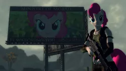 Size: 1360x768 | Tagged: safe, artist:facelesssoles, derpibooru import, pinkie pie, anthro, earth pony, pony, fallout equestria, fanfic, 3d, anthro with ponies, big brother, billboard, clothes, fallout, fallout: new vegas, fanfic art, female, forever, game mod, gun, hooves, looking at you, mare, ministry mares, ministry of morale, outdoors, pinkie pie is watching you, propaganda, rifle, smiling, solo, text, weapon