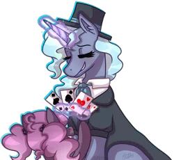 Size: 961x884 | Tagged: safe, artist:artistcoolpony, artist:kikirdcz, derpibooru import, oc, oc:illusion, oc:nightfall, unofficial characters only, pony, unicorn, card trick, clothes, female, hat, hoers, magic trick, magical lesbian spawn, mare, offspring, parent:starlight glimmer, parent:trixie, parents:startrix, playing card, simple background, solo, top hat, transparent background