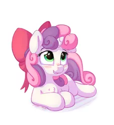Size: 1000x1100 | Tagged: safe, artist:bobdude0, artist:zapplebow, derpibooru import, sweetie belle, pony, unicorn, blushing, bow, collaboration, cute, diasweetes, female, filly, hair bow, hnnng, prone, simple background, smiling, solo, white background