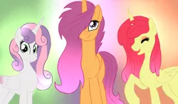 Size: 1752x1026 | Tagged: safe, artist:not-ordinary-pony, derpibooru import, apple bloom, scootaloo, sweetie belle, alicorn, pony, adorabloom, alicornified, bloomicorn, cute, cutie mark crusaders, eyes closed, female, hair over one eye, looking at you, mare, older, race swap, red hair, scootacorn, smiling, sweetiecorn, trio