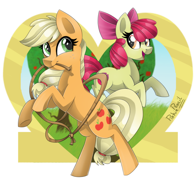 Size: 1584x1500 | Tagged: safe, artist:biskhuit, derpibooru import, apple bloom, applejack, pony, hatless, lasso, missing accessory, mouth hold, rearing, rope