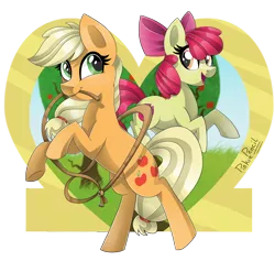 Size: 1584x1500 | Tagged: safe, artist:biskhuit, derpibooru import, apple bloom, applejack, pony, hatless, lasso, missing accessory, mouth hold, rearing, rope