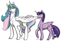 Size: 2000x1349 | Tagged: safe, artist:geomancing, deleted from derpibooru, derpibooru import, princess celestia, twilight sparkle, twilight sparkle (alicorn), alicorn, pony, biting, female, lesbian, looking at each other, shipping, simple background, smiling, twilestia, white background, wing bite
