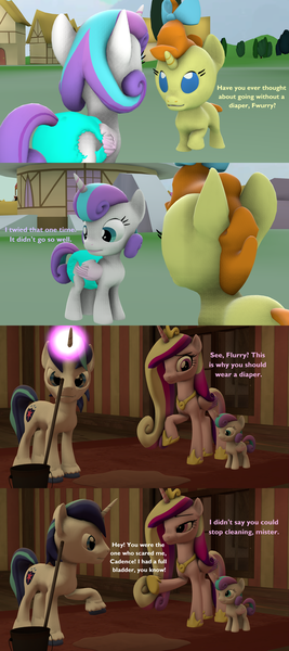 Size: 1920x4320 | Tagged: 3d, absurd resolution, artist:red4567, bait and switch, bucket, comic, derpibooru import, dialogue, diaper, mop, princess cadance, princess flurry heart, puddle, pumpkin cake, safe, shining armor, source filmmaker