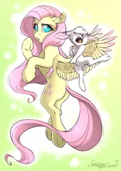 Size: 1725x2431 | Tagged: angel bunny, artist:lavendersweet69, chest fluff, derpibooru import, ear fluff, floppy ears, flutterbutt, fluttershy, flying, frown, looking back, open mouth, plot, safe, underhoof, unshorn fetlocks