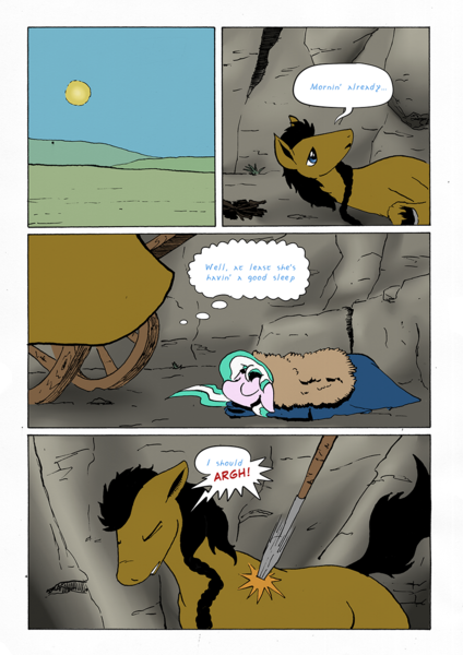 Size: 905x1280 | Tagged: safe, artist:darkhestur, derpibooru import, oc, oc:dark, oc:dustlight, unofficial characters only, ask, carriage, comic, dialogue, panel, sleeping, spear, surprised, tumblr, weapon