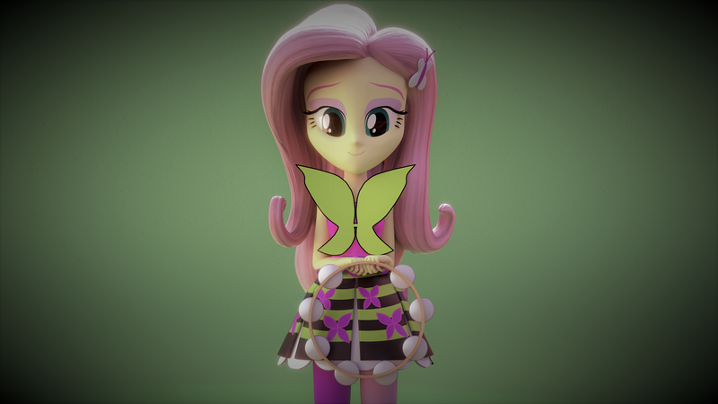 Size: 3840x2160 | Tagged: safe, artist:efk-san, derpibooru import, fluttershy, butterfly, equestria girls, rainbow rocks, 3d, bedroom eyes, blender, clothes, gradient background, green background, high res, looking at you, musical instrument, rainbow rocks outfit, skirt, solo, tambourine, wallpaper