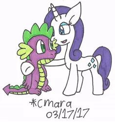 Size: 678x717 | Tagged: artist:cmara, derpibooru import, dragon, hoof on shoulder, looking at each other, rarity, safe, simple background, spike, traditional art, white background