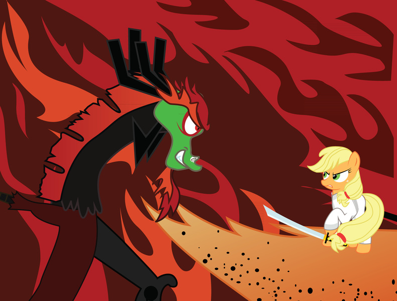 Size: 3953x3000 | Tagged: aku, applejack, artist:cxfantasy, crossover, derpibooru import, draconequified, draconequus, safe, samurai applejack, samurai jack, species swap, sword, tail hold, vector, weapon