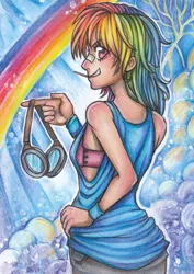 Size: 707x1000 | Tagged: safe, artist:holy-yume, derpibooru import, rainbow dash, human, bandaid, clothes, goggles, grin, humanized, looking back, rainbow, smiling, solo, sports bra, sweatband, tanktop, toothpick, traditional art