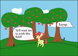 Size: 1468x1063 | Tagged: safe, artist:planetkiller, derpibooru import, apple bloom, earth pony, pony, accent, apple, apple tree, cloud, eeyup, female, filly, food, implied big macintosh, looking at you, offscreen character, raised hoof, sweet apple acres, text, tree, y'all