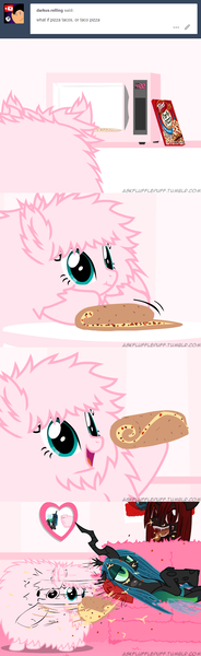 Size: 650x2125 | Tagged: safe, artist:mixermike622, derpibooru import, queen chrysalis, oc, oc:fluffle puff, oc:marksaline, changeling, pony, tumblr:ask fluffle puff, ask, burrito, comic, couch, food, messy, microwave, mouth hold, pizza, tumblr