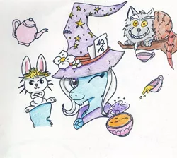 Size: 635x570 | Tagged: safe, artist:kuroneko, derpibooru import, angel bunny, discord, trixie, pony, unicorn, cheshire cat, cup, female, flower, mad hatter, march hare, mare, one eye closed, teacup, teapot, that pony sure does love teacups, traditional art, wink