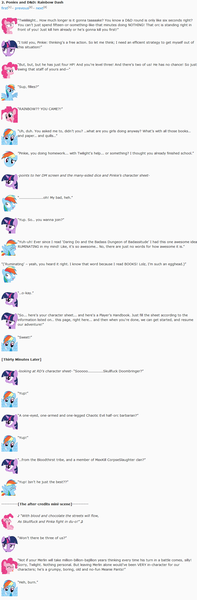 Size: 846x2572 | Tagged: artist:dziadek1990, conversation, derpibooru import, description is relevant, dialogue, dungeons and dragons, emotes, emote story, emote story:ponies and d&d, oc, oc:merlin, oc:pinka, oc:skullfuck doombringer, pinkie pie, rainbow dash, reddit, rpg, safe, slice of life, tabletop game, text, twilight sparkle, vulgar