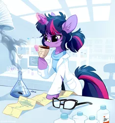 Size: 920x982 | Tagged: safe, artist:tomatocoup, derpibooru import, sci-twi, twilight sparkle, ponified, pony, unicorn, equestria girls, bandage, bipedal, bipedal leaning, caffeine, chemistry, clothes, coffee, cup, cute, drinking, ear fluff, equestria girls ponified, female, glasses, glasses off, glowing horn, lab coat, laboratory, leaning, licking, magic, mare, messy mane, molecule, ponified humanized pony, smoke, solo, telekinesis, tongue out, transformation, twiabetes, unicorn sci-twi, unicorn twilight