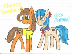 Size: 1241x926 | Tagged: safe, artist:cmara, derpibooru import, cheese sandwich, coco pommel, pony, cheesecoco, cocosandwich, female, lined paper, male, shipping, straight, traditional art