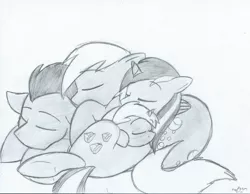 Size: 2186x1699 | Tagged: safe, artist:kerorolover16, derpibooru import, amethyst star, derpy hooves, dinky hooves, doctor whooves, time turner, pegasus, pony, cuddle puddle, cuddling, doctorderpy, female, grayscale, male, mare, monochrome, pony pile, shipping, sleeping, straight, traditional art