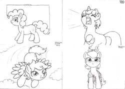 Size: 2330x1657 | Tagged: safe, artist:merkleythedrunken, derpibooru import, derpy hooves, diamond tiara, dinky hooves, pinkie pie, pony, clothes, cosplay, costume, flying, monochrome, pebbles, screaming, the flintstones, traditional art