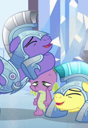Size: 668x970 | Tagged: safe, derpibooru import, screencap, spike, crystal pony, pony, the times they are a changeling, armor, cropped, crystal guard, crystal guard armor, guard, laughing, male, reaction image, royal guard, smiling, stallion, stoner spike