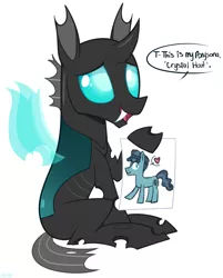 Size: 1945x2416 | Tagged: safe, artist:higgly-chan, derpibooru import, crystal hoof, thorax, oc, unofficial characters only, changeling, crystal pony, pony, the times they are a changeling, cute, cuteling, dialogue, disguise, disguised changeling, drawing, fangs, holding, hoof hold, male, open mouth, paper, ponysona, simple background, smiling, solo, speech bubble, thorabetes, white background